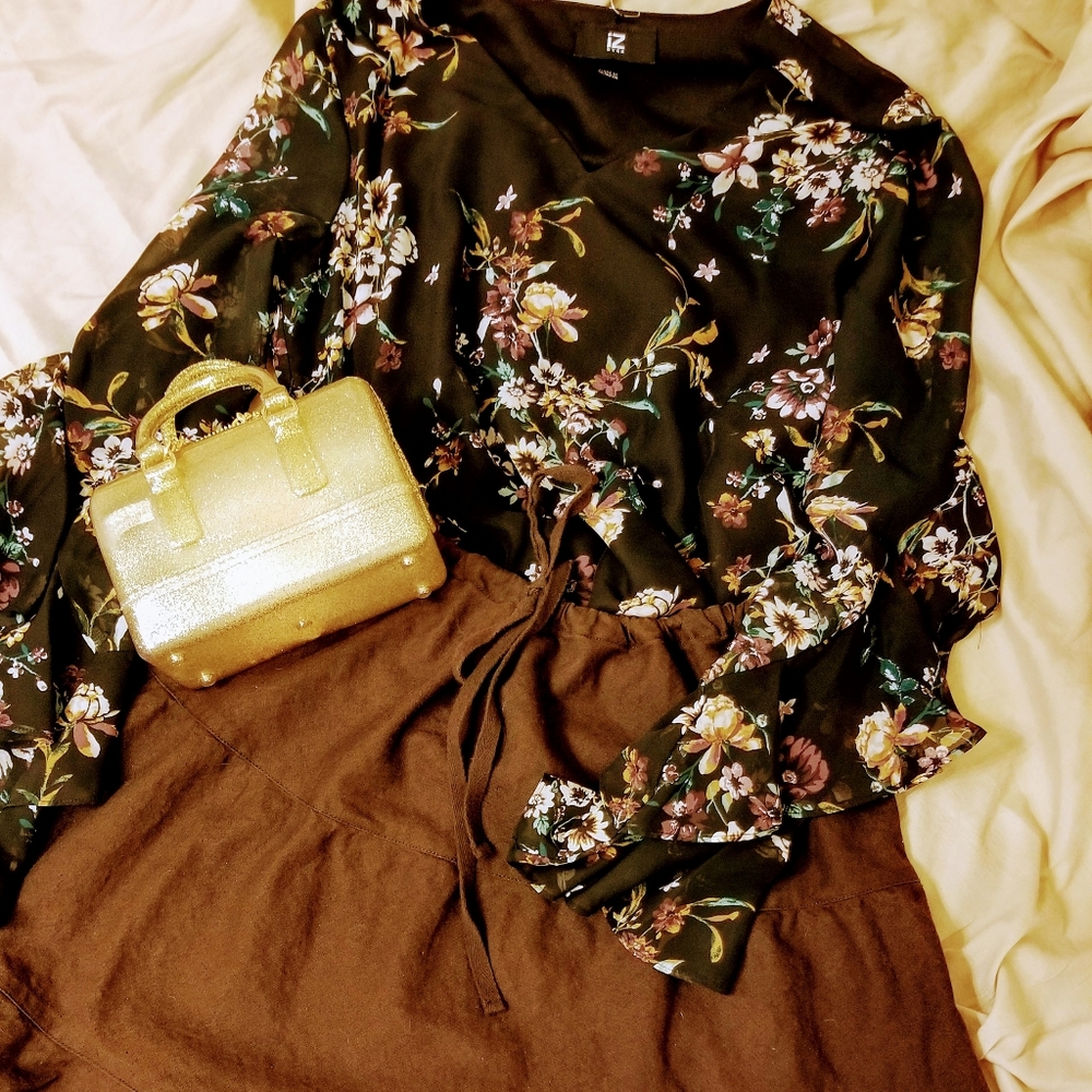 brown layered linen skirt with blouse